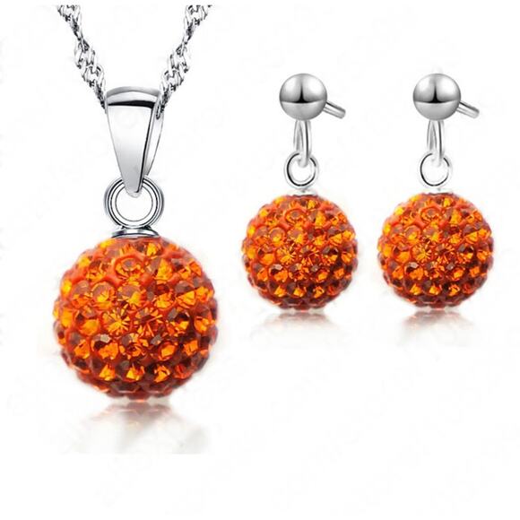 Orange Rhinestone Gemstone Birthstone Disco Ball Necklace & Drop Earrings Set - Picture 5 of 5